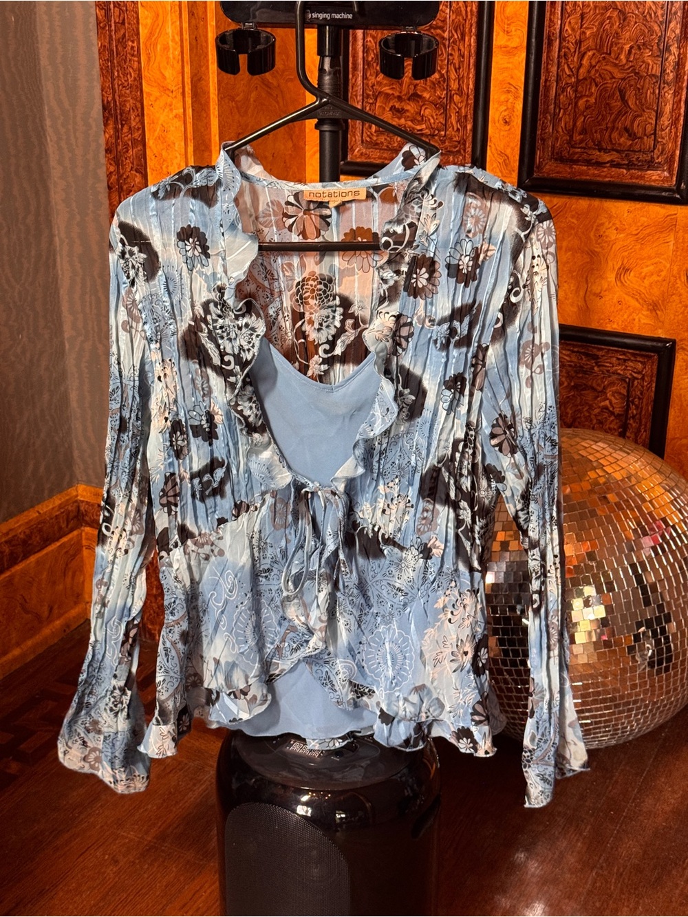 Notations Blue Floral Ruffle Tie-Front Women's Top Y2K